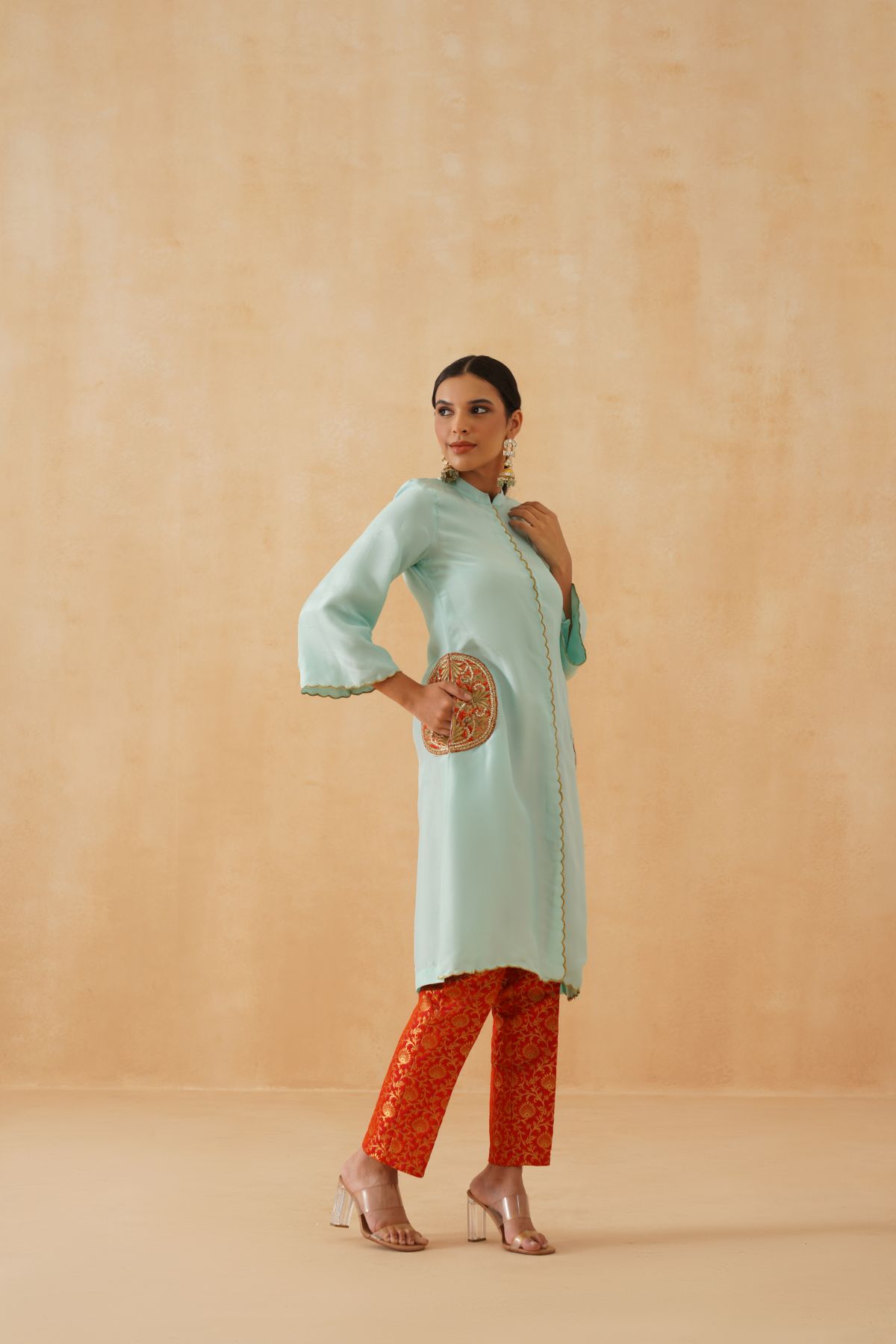 Cyan / Orange Jacket Kurta Set