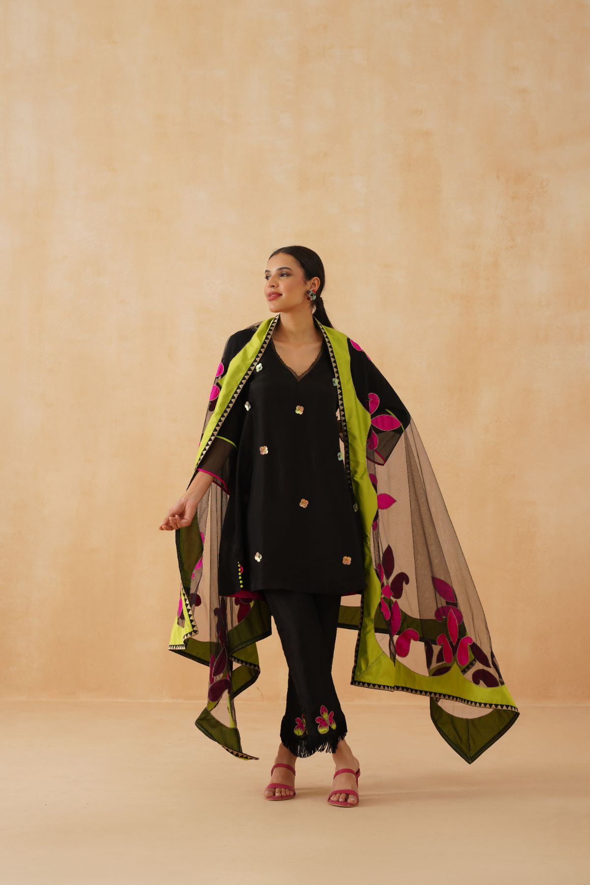 Black Tassel Kurta Set With Bright Patchwork Dupatta