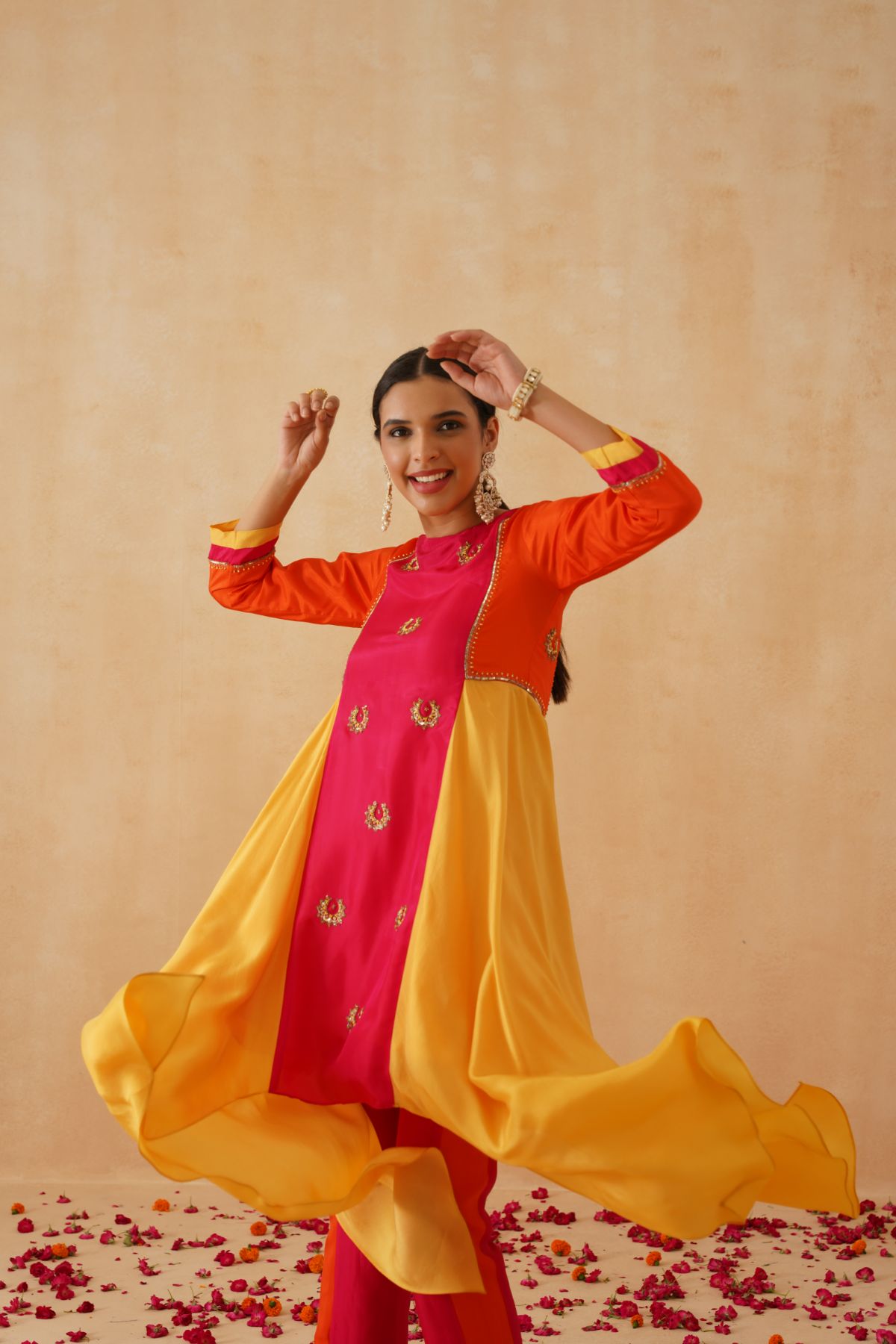 Pink Orange and Yellow Asymmetric Kurta Set