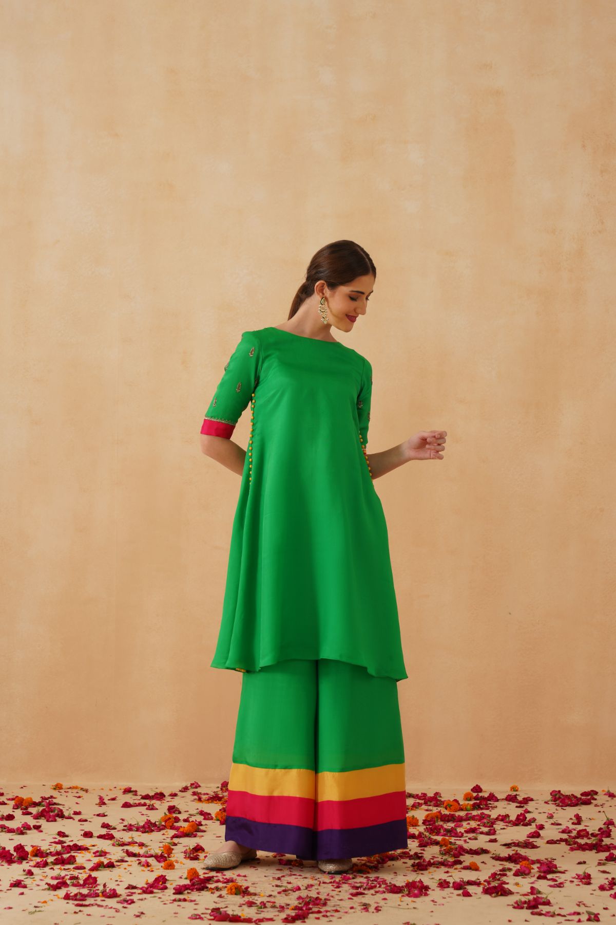 Green Kurta With Rainbow Sharara