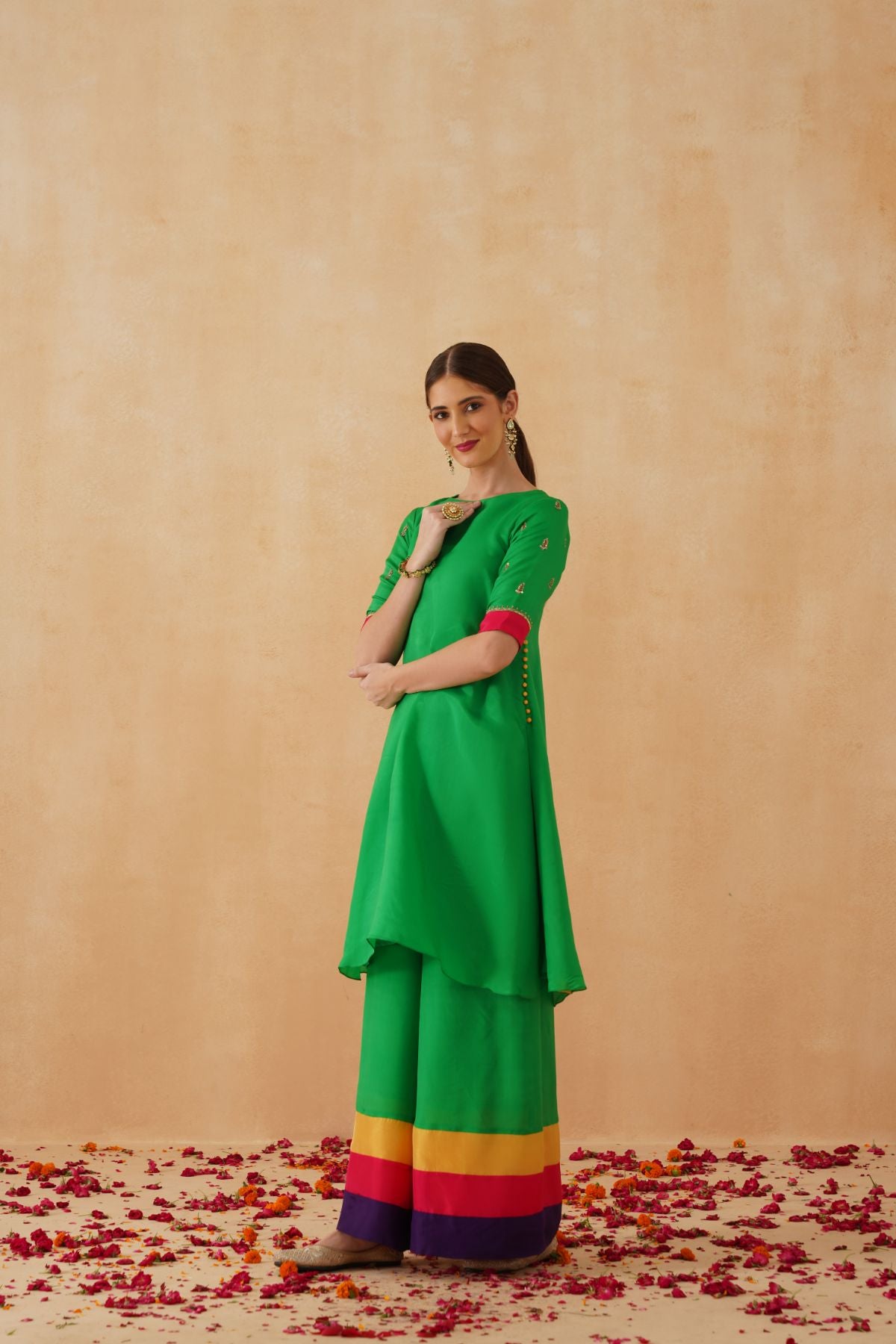 Green Kurta With Rainbow Sharara