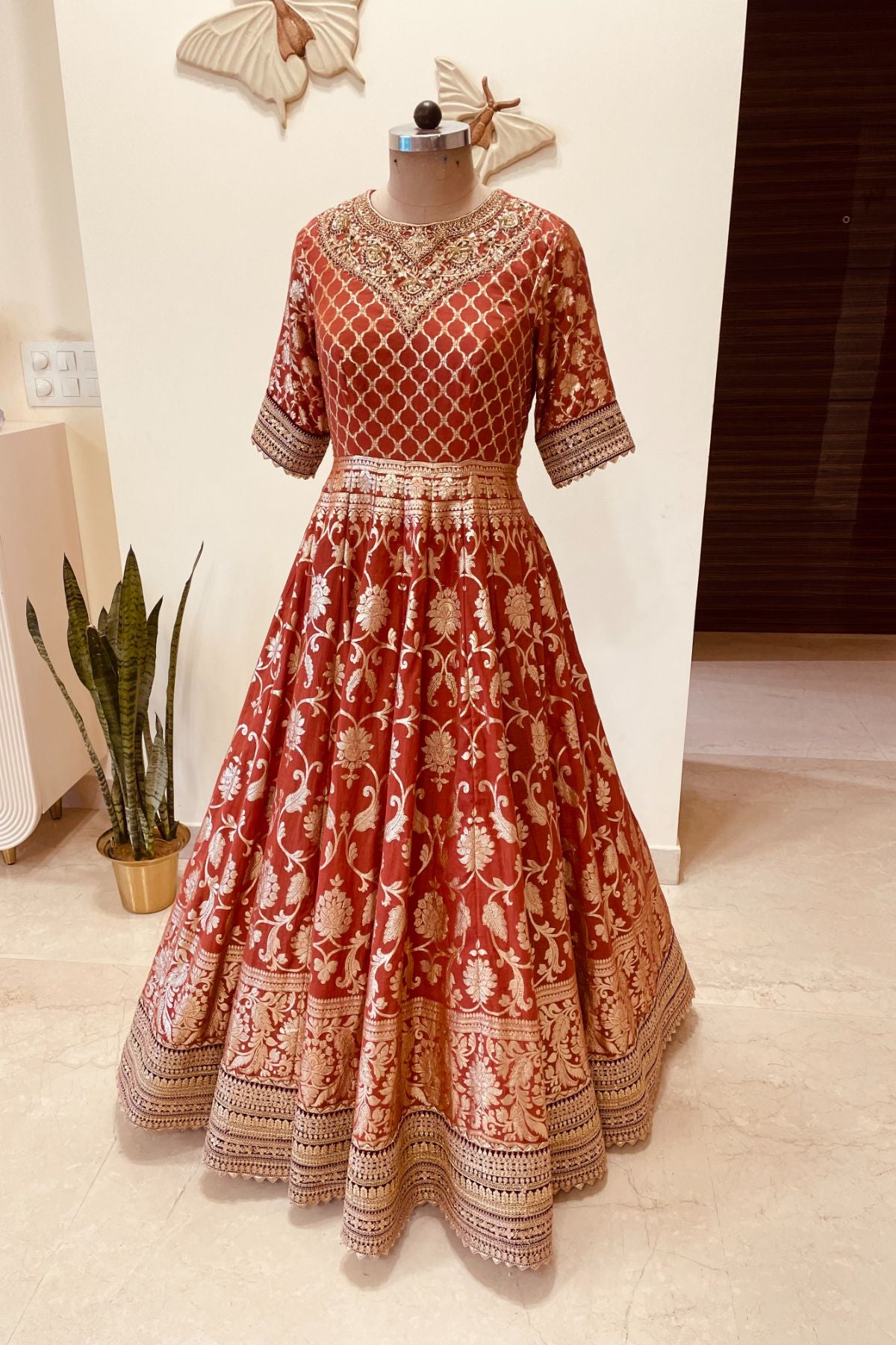 Rust/Green Benarasi Anarkali