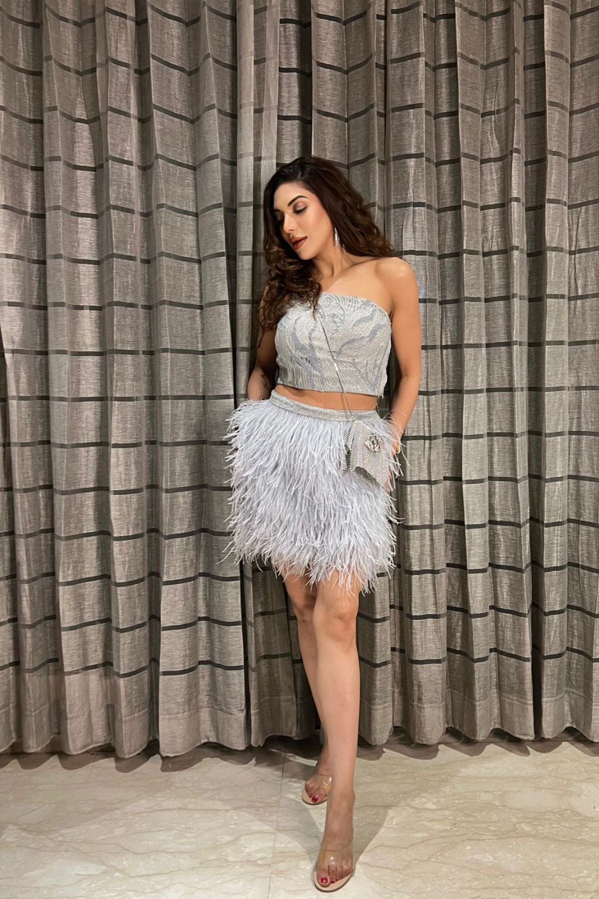 English Grey Feather Skirt With Embroidered Off Shoulder Top